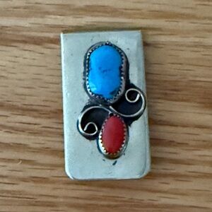 Vintage Silver Money Clip Natural Turquoise and Coral
